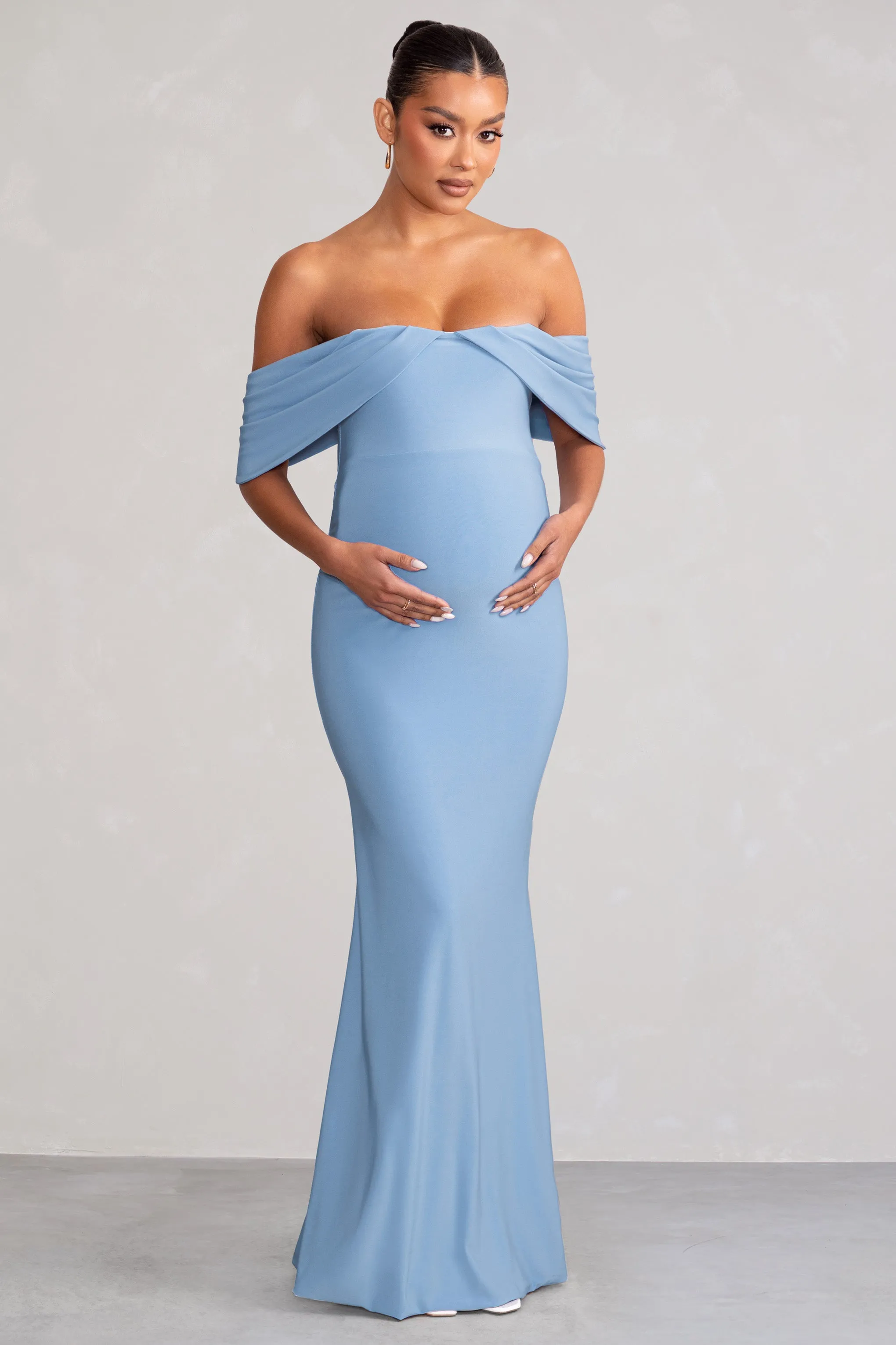 Asha | Powder Blue Draped Sleeve Bardot Maternity Maxi Dress