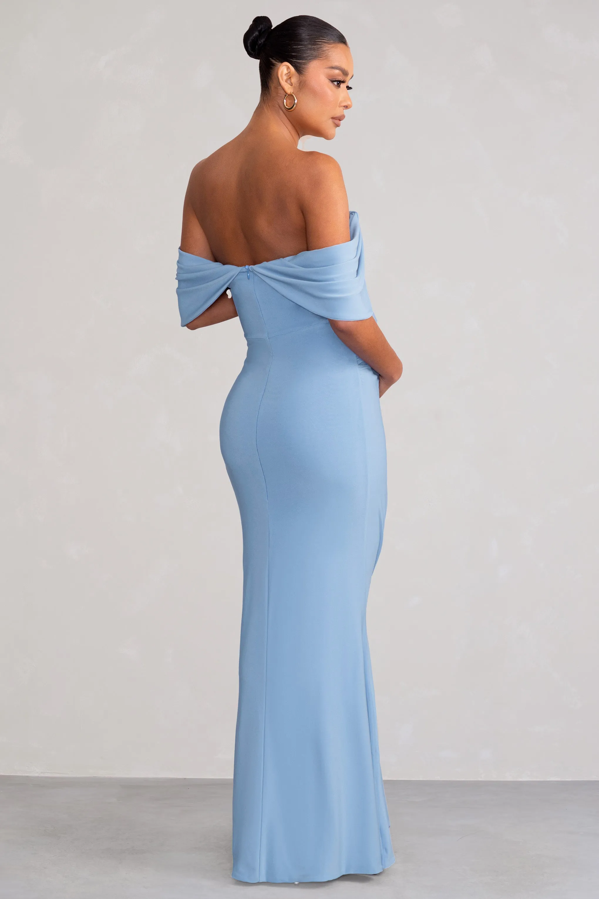 Asha | Powder Blue Draped Sleeve Bardot Maternity Maxi Dress