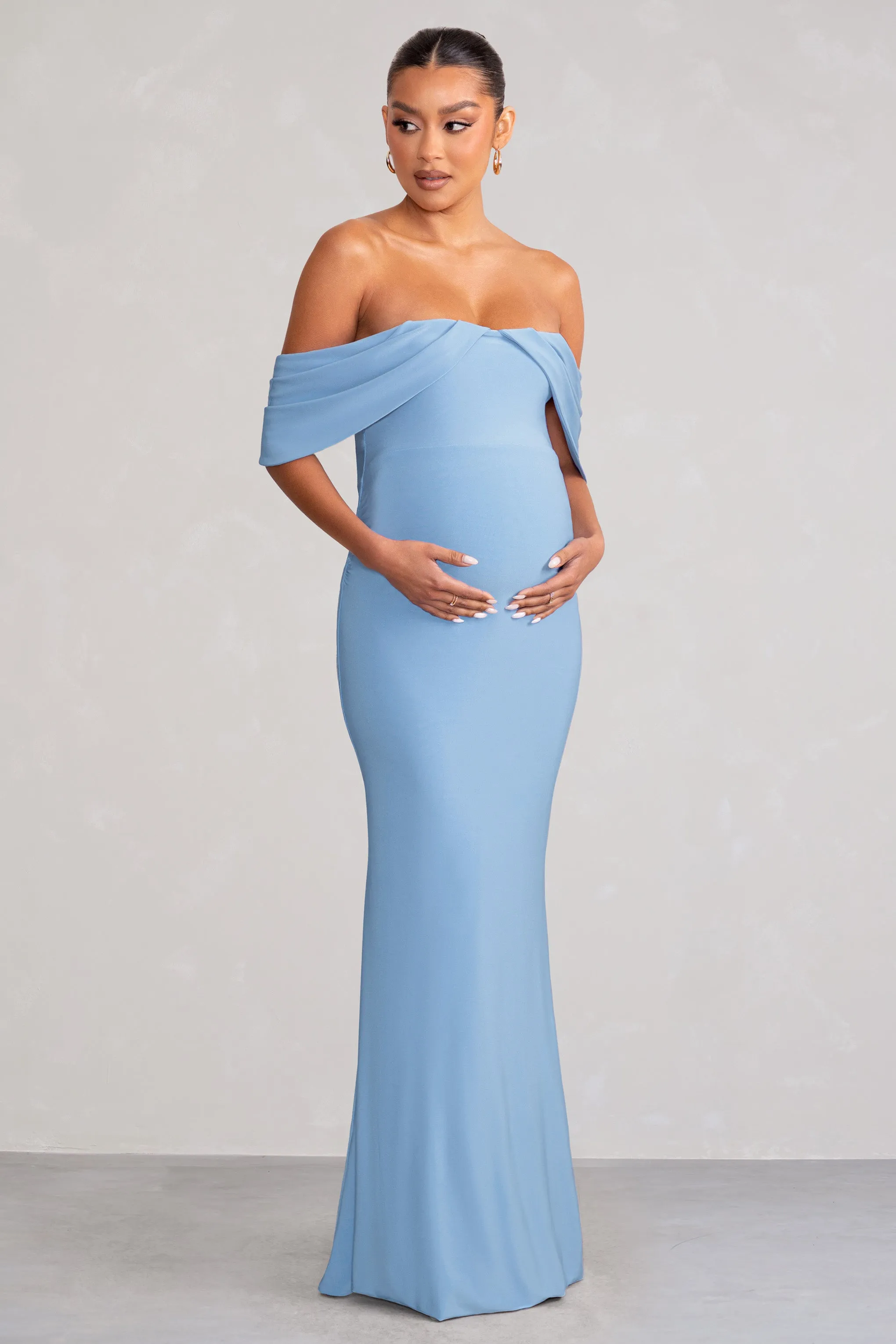 Asha | Powder Blue Draped Sleeve Bardot Maternity Maxi Dress