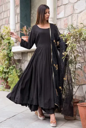 Black Cotton Mul Anarkali Set