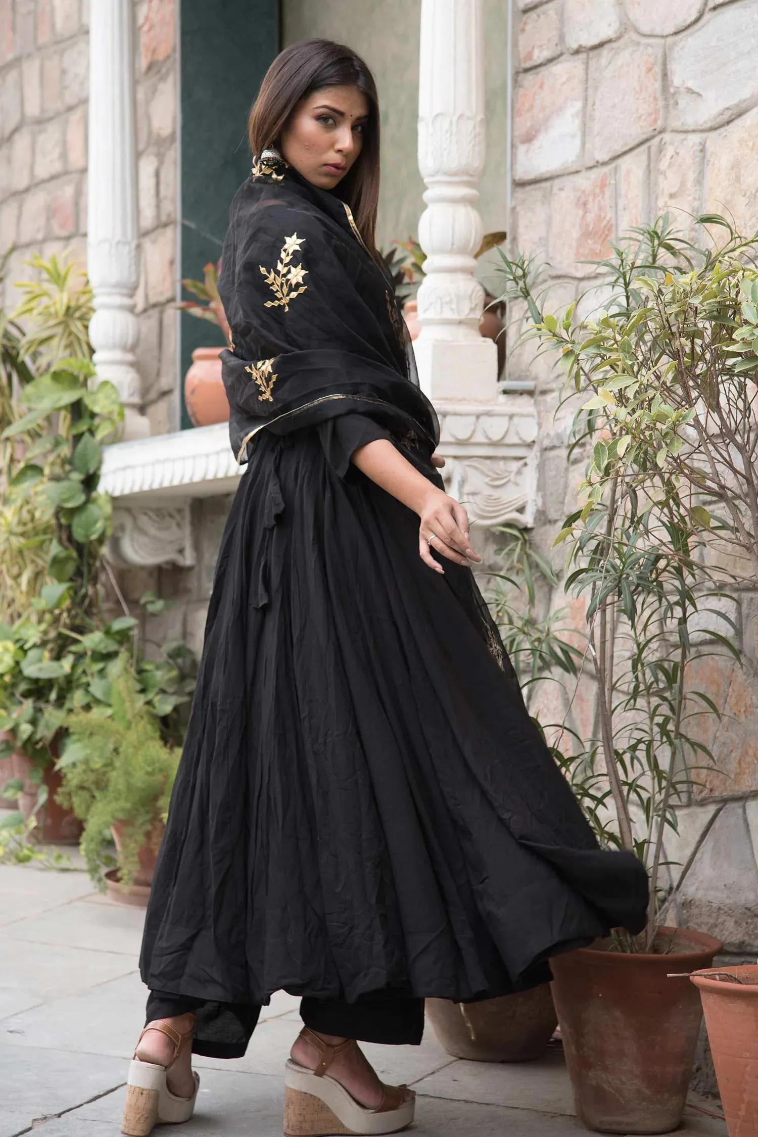 Black Cotton Mul Anarkali Set