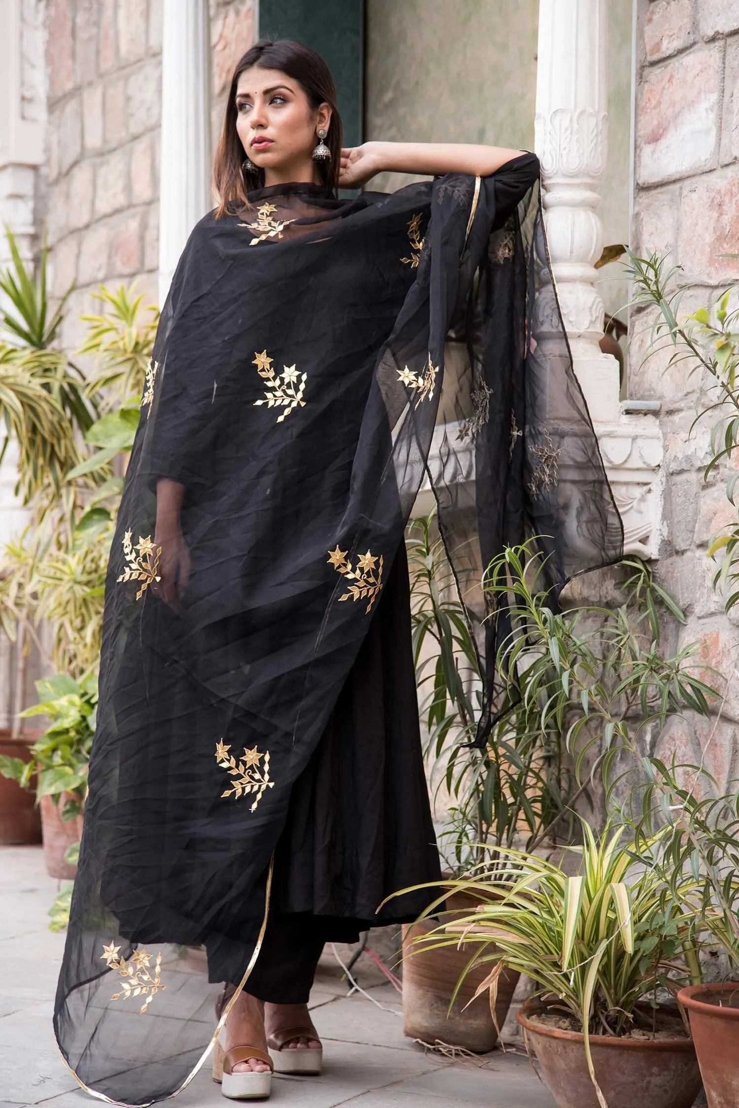 Black Cotton Mul Anarkali Set