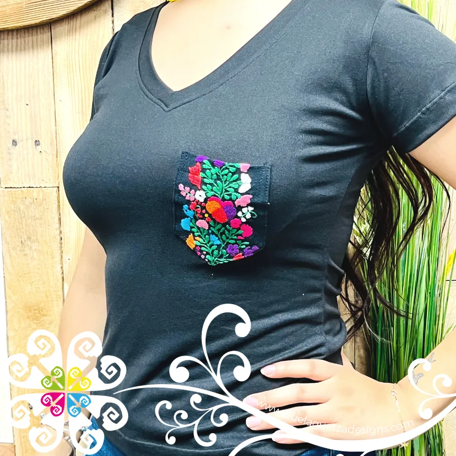 Black Embroider Women Tee - Pocket Embroider