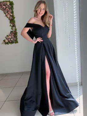 Black Long A-line Off the Shoulder Satin Formal Graduation Prom Dresses with Slit