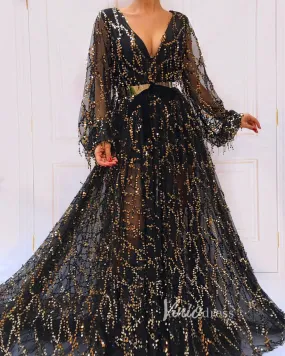 Black Sequin Prom Dresses Long Sleeve FD2781