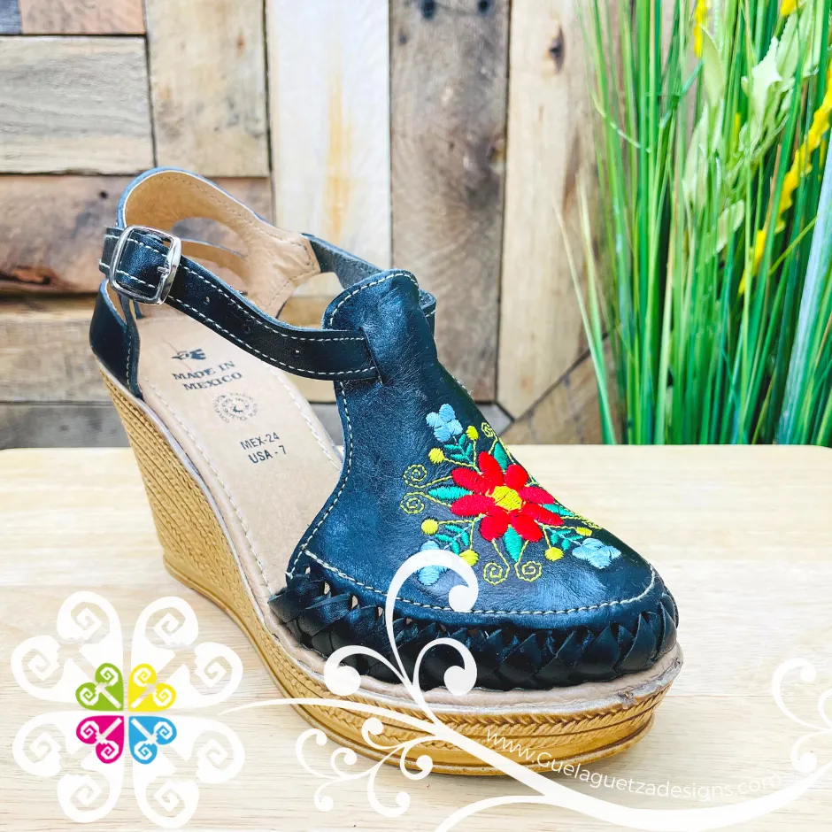 Black with Embroider Flowers - Wedges Women Shoes