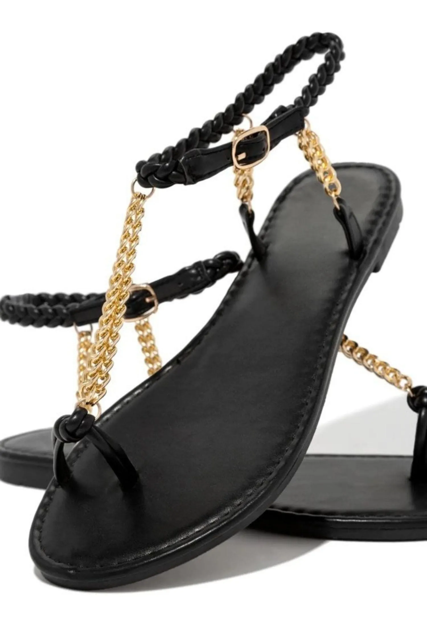 Black Woven Ankle Straps Chain Flat Sandals