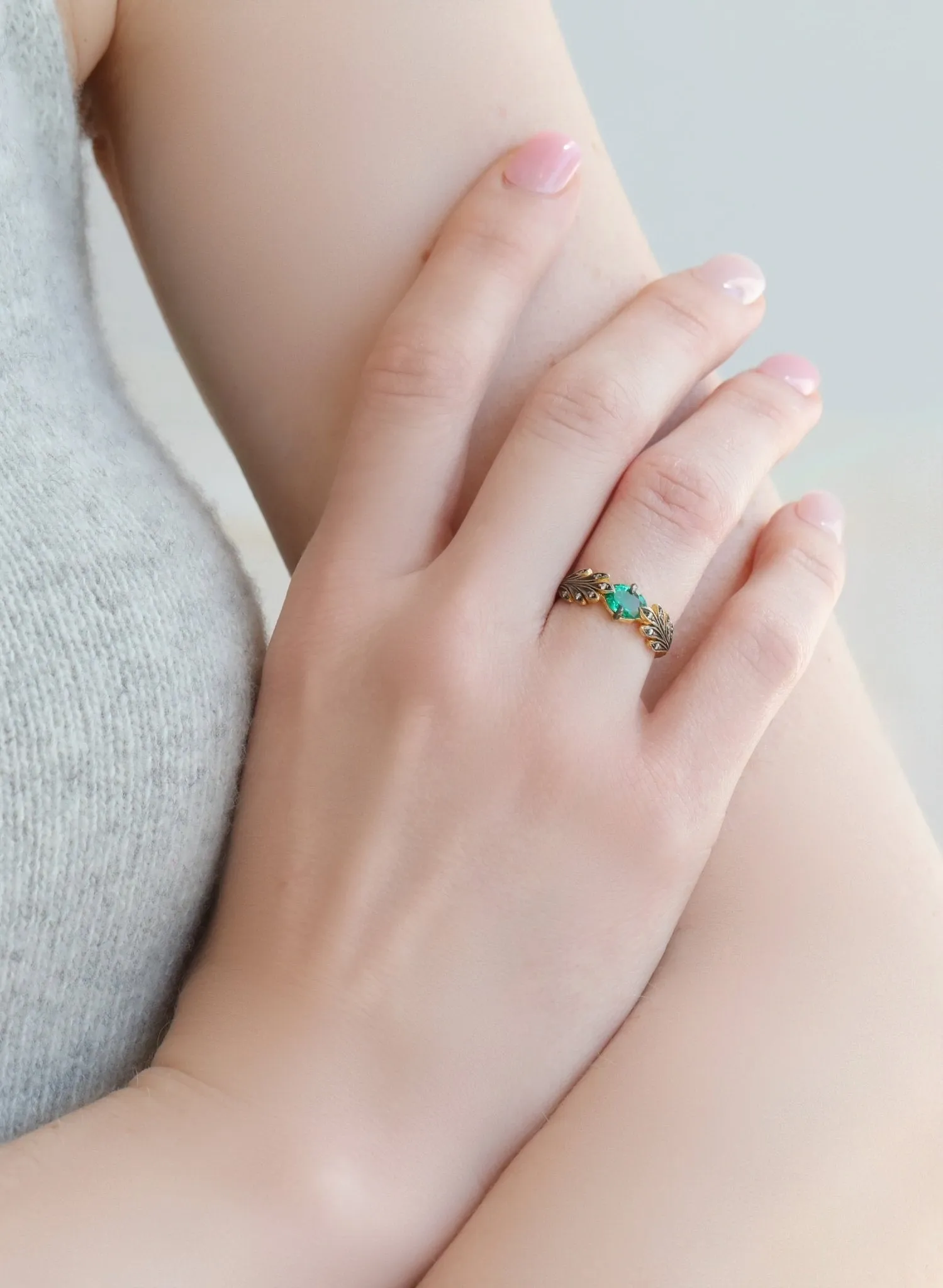 Blackened 22K Gold and Zambian Emerald Leafside Ring