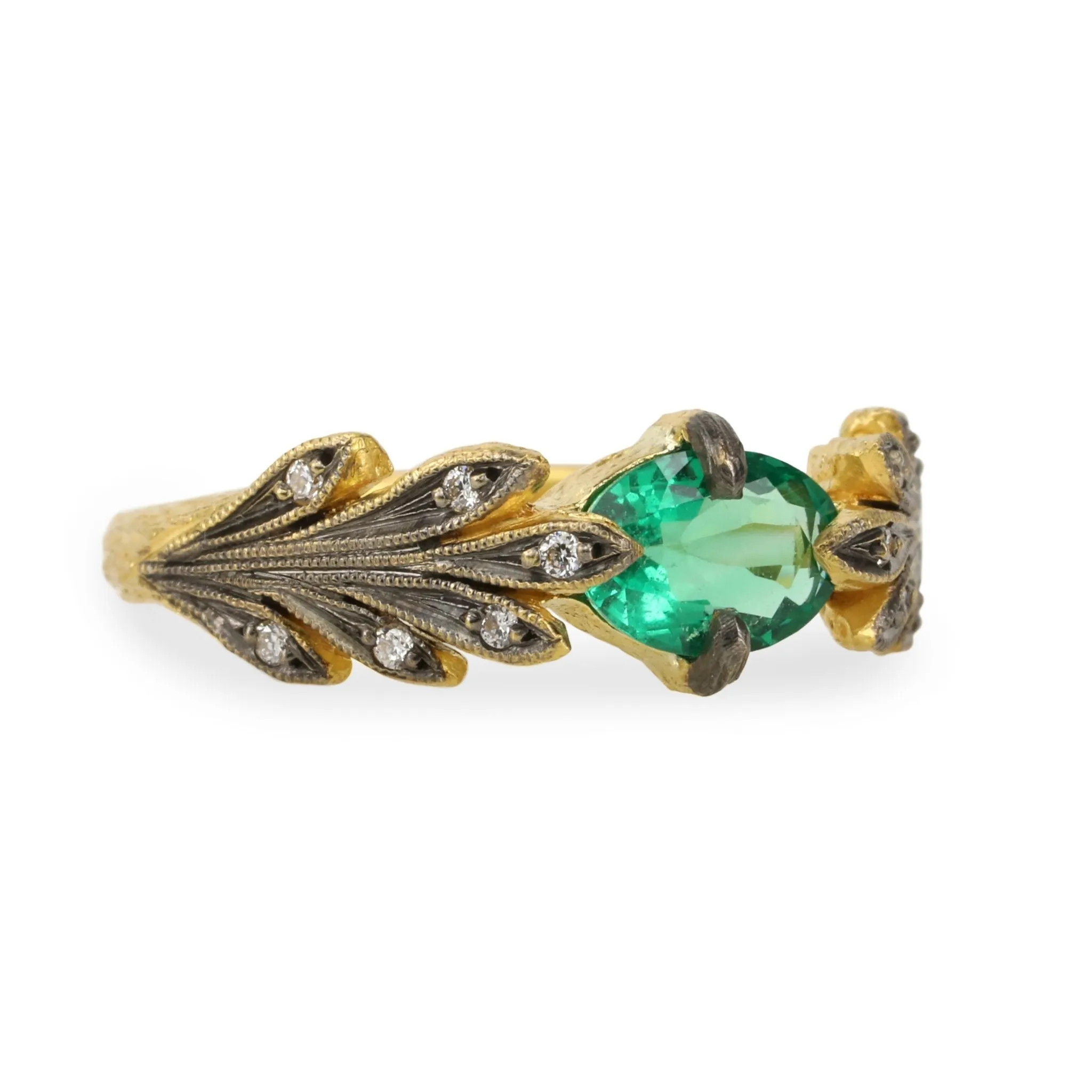 Blackened 22K Gold and Zambian Emerald Leafside Ring