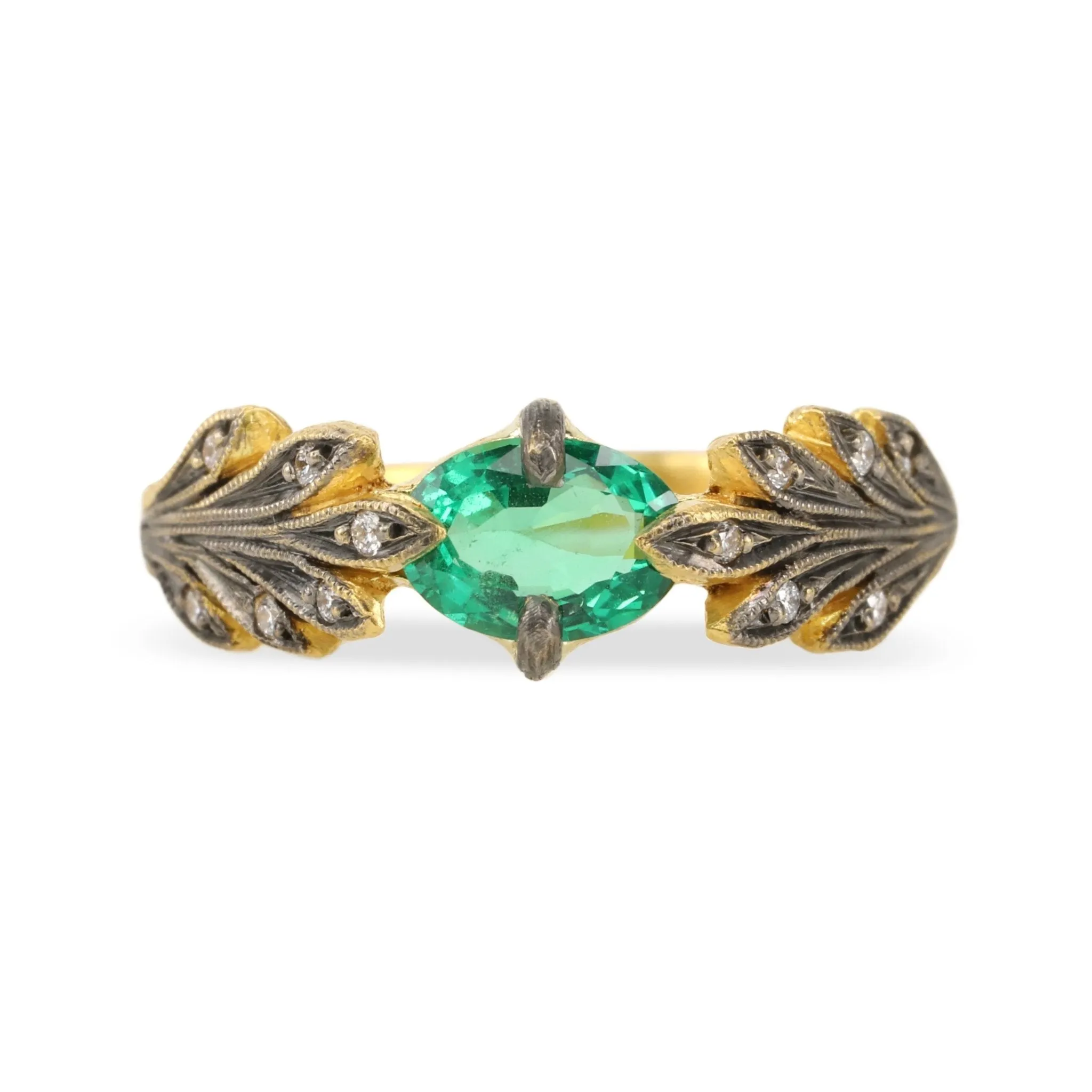 Blackened 22K Gold and Zambian Emerald Leafside Ring