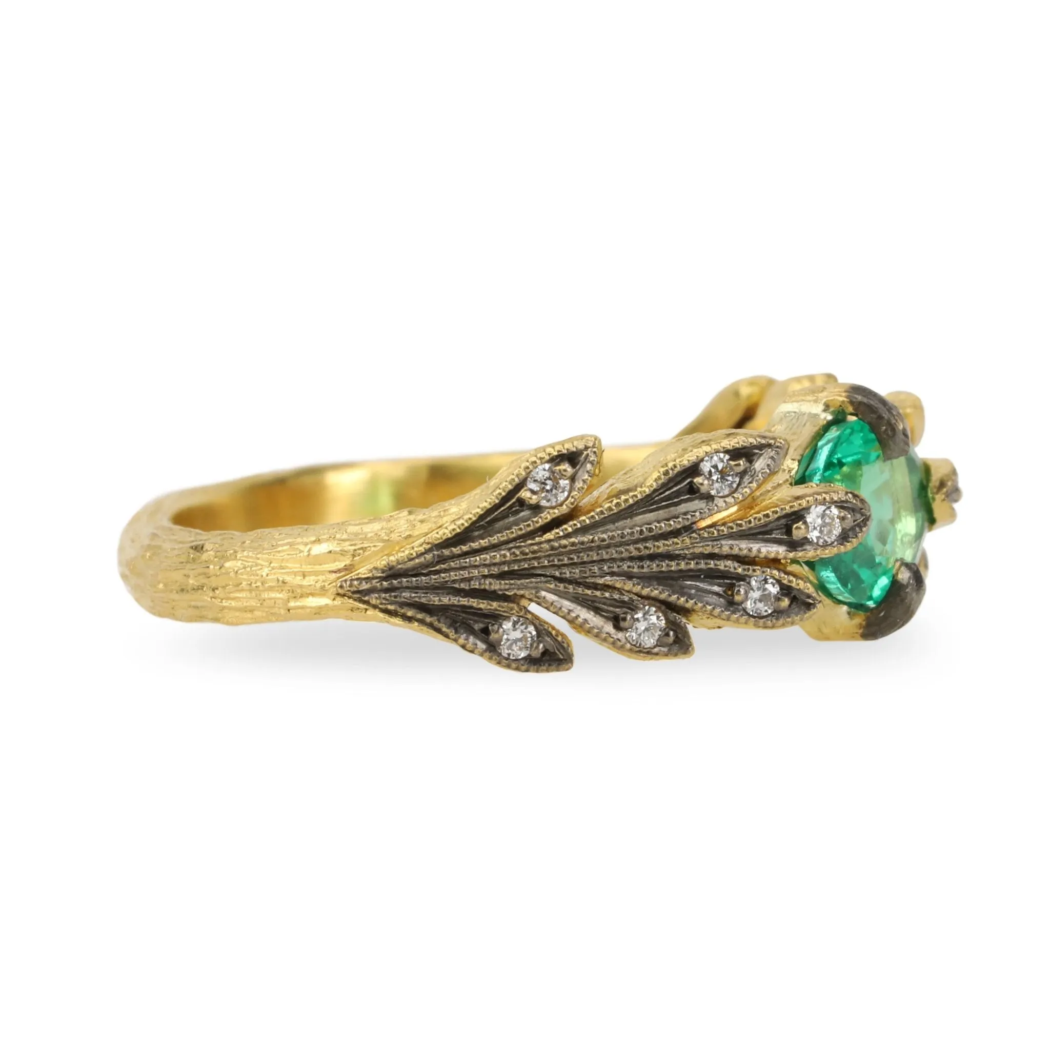 Blackened 22K Gold and Zambian Emerald Leafside Ring