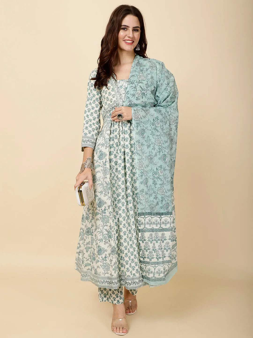 Block Print Cotton Suit Set With Dupatta