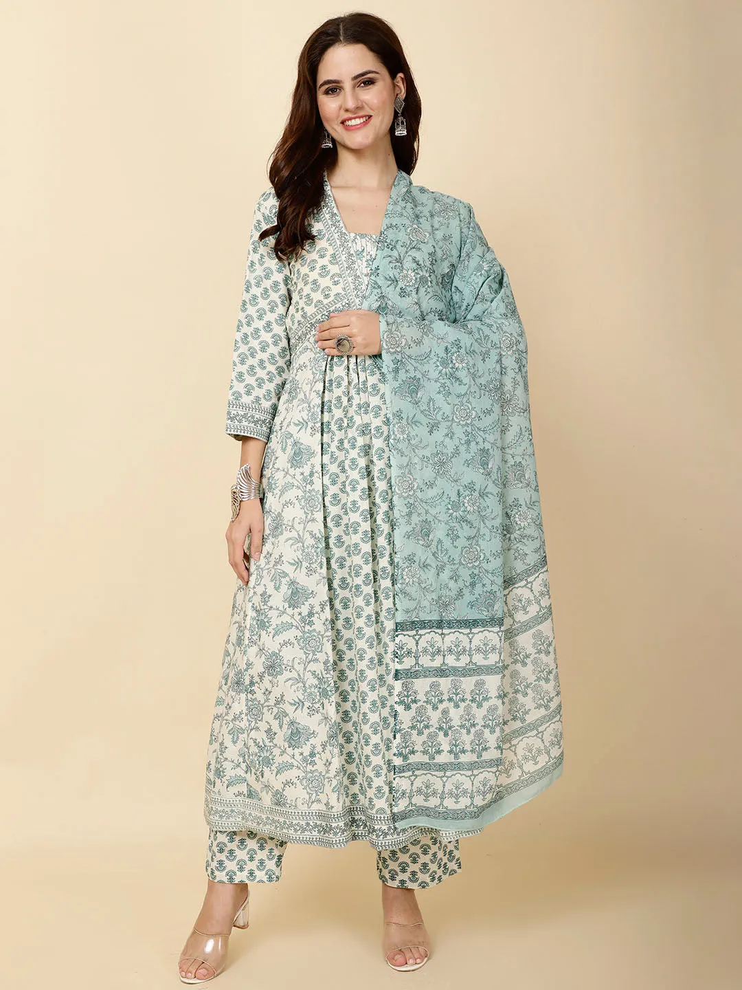 Block Print Cotton Suit Set With Dupatta