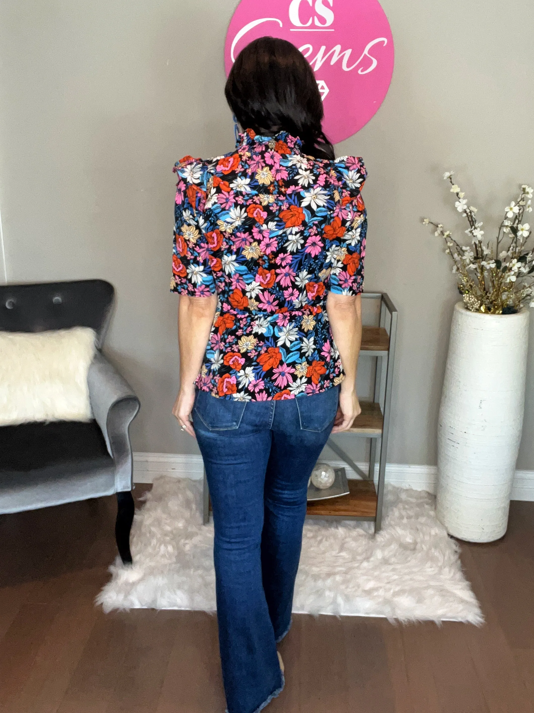 Blue Floral Ruffle Peplum Top