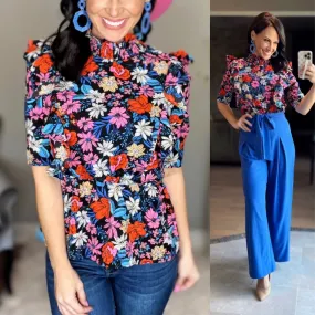 Blue Floral Ruffle Peplum Top