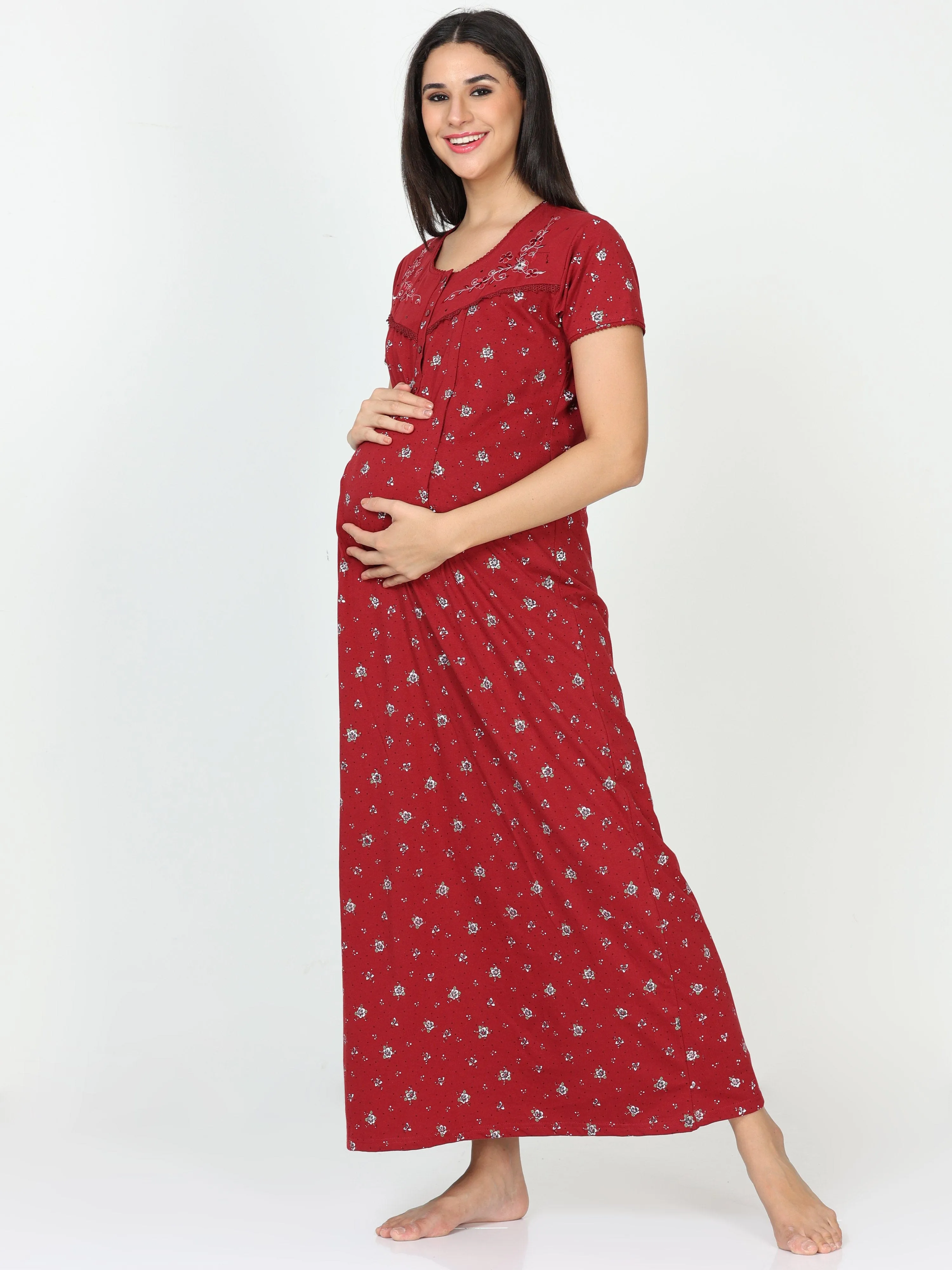 Cotton Blend Maternity Feeding Nighty Crimson Red