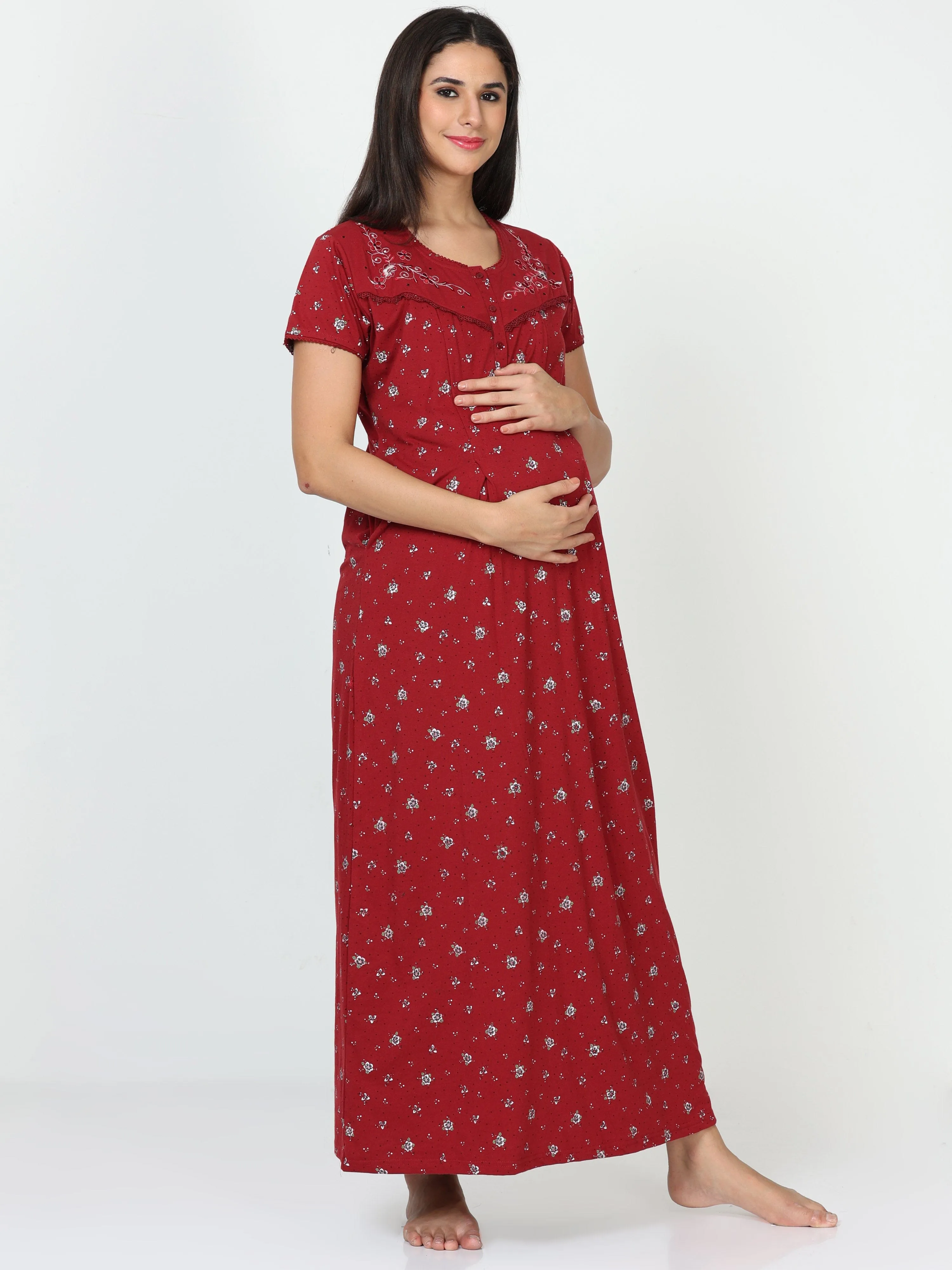 Cotton Blend Maternity Feeding Nighty Crimson Red