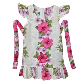 Cotton White Girl's Hawaiian Dress with Pink Hibiscus