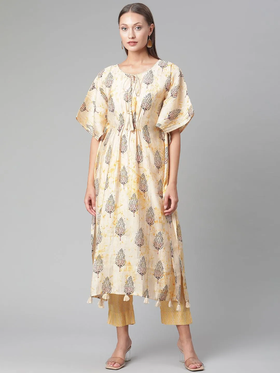 Divena Light Yellow Rayon Kaftan Pant Set