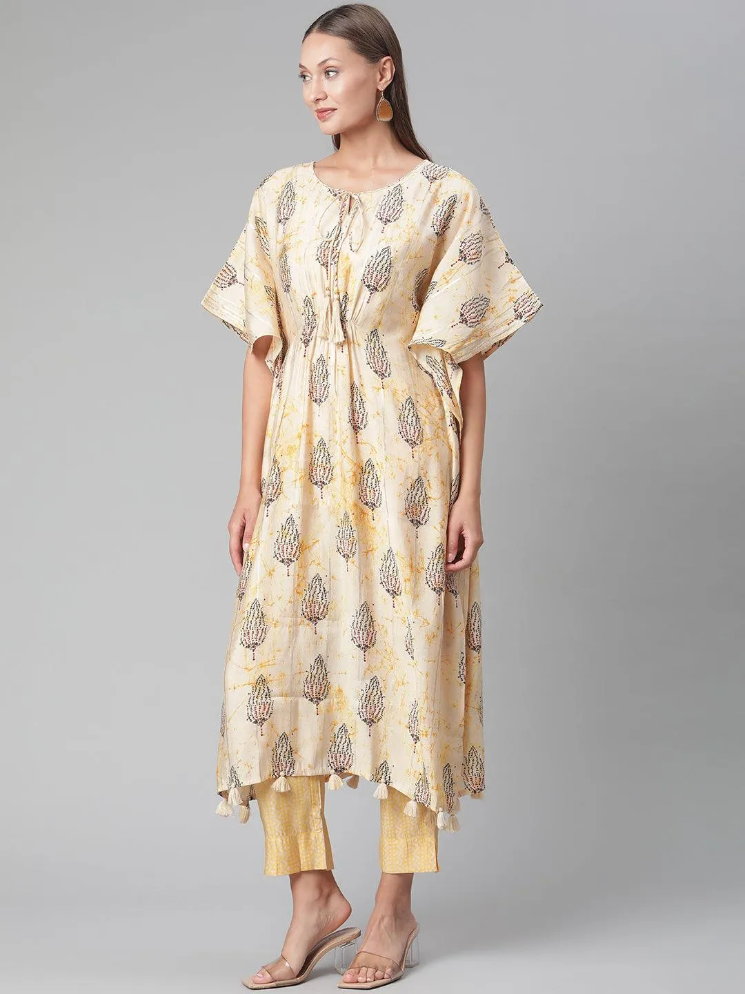 Divena Light Yellow Rayon Kaftan Pant Set