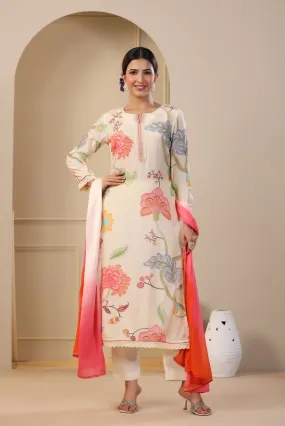 Floral Pure Muslin Suit with Dupatta