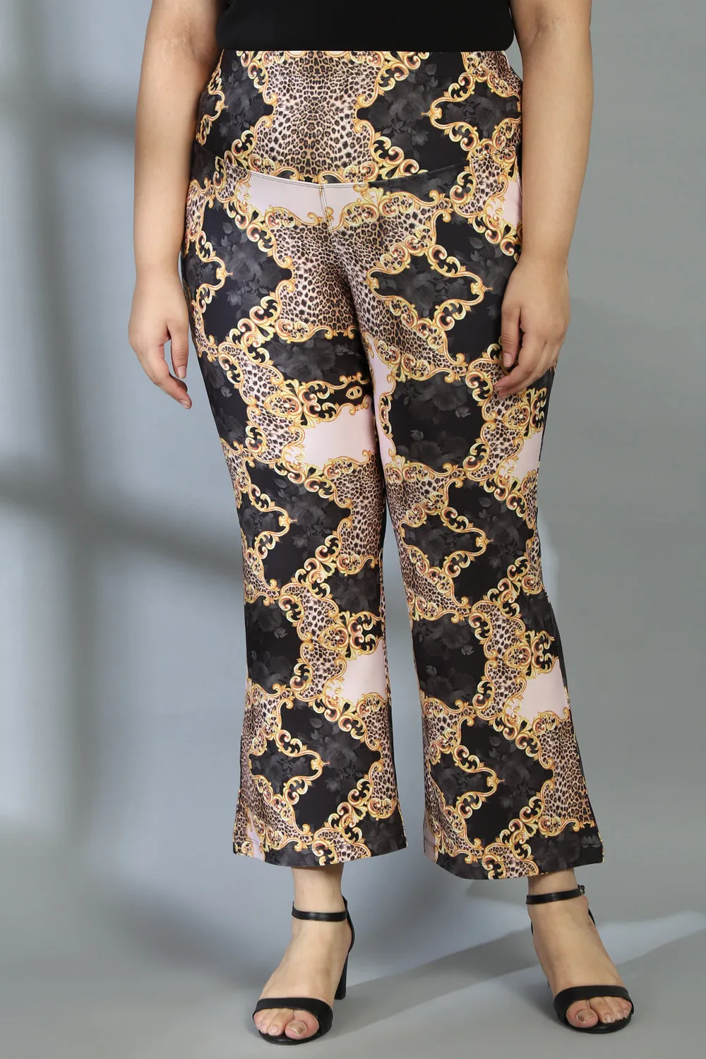 Gold Baroque Tummy Shaper Printed Flare Pants