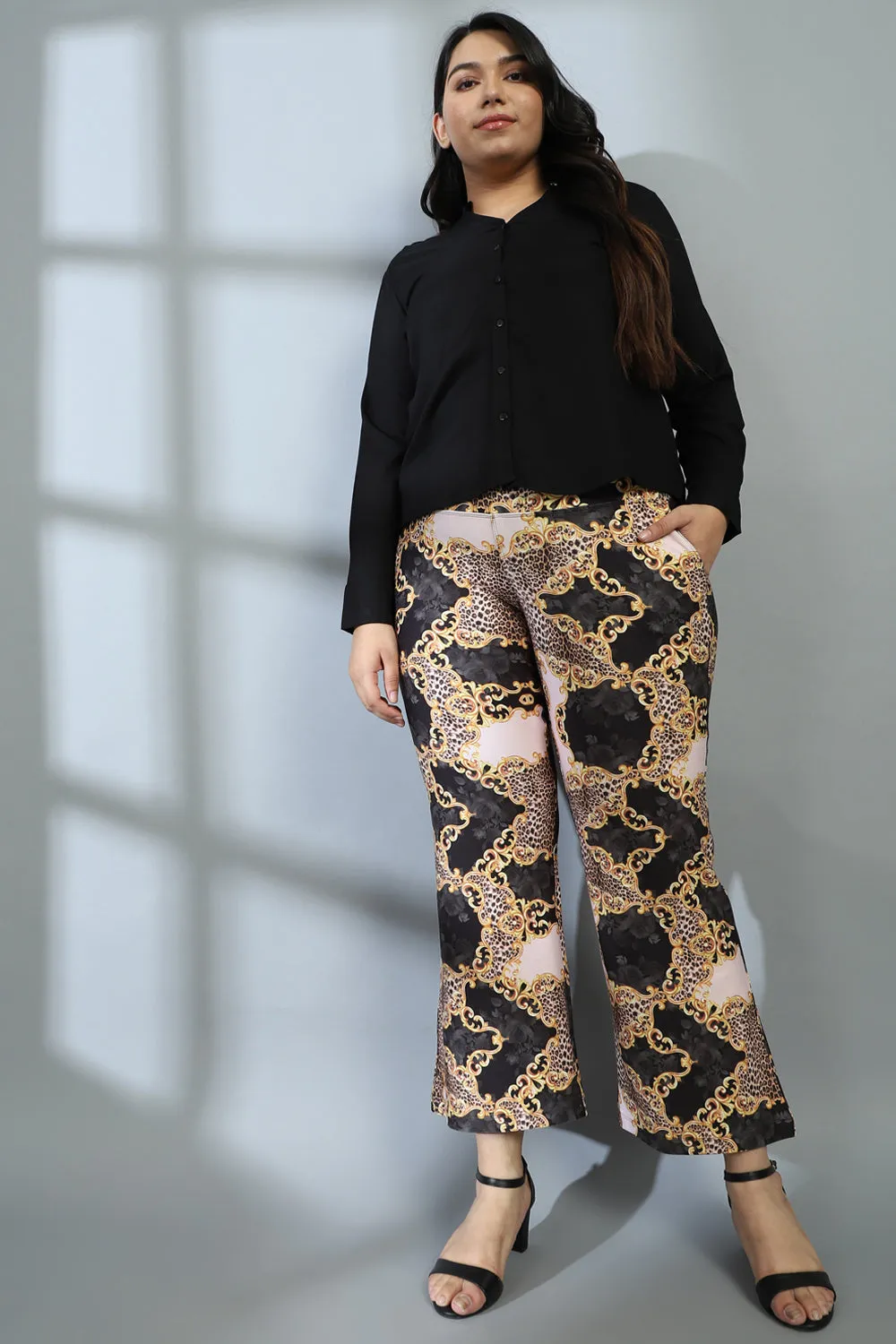 Gold Baroque Tummy Shaper Printed Flare Pants