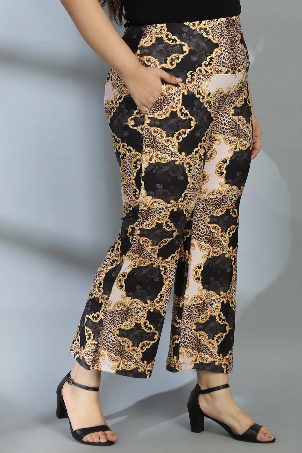 Gold Baroque Tummy Shaper Printed Flare Pants