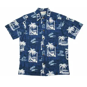 Hatch Pattern Palm Tree and Boat Hawaiian Shirt