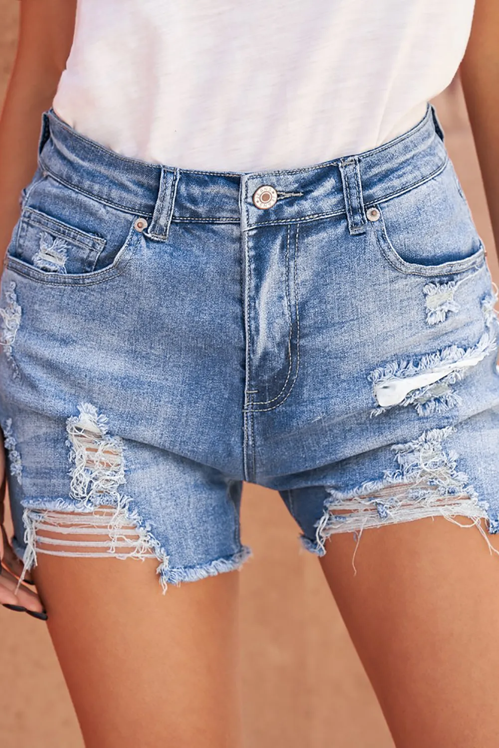 High Rise Destroyed Denim Shorts for Women