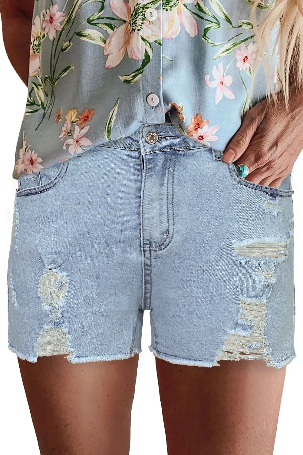 High Rise Destroyed Denim Shorts for Women