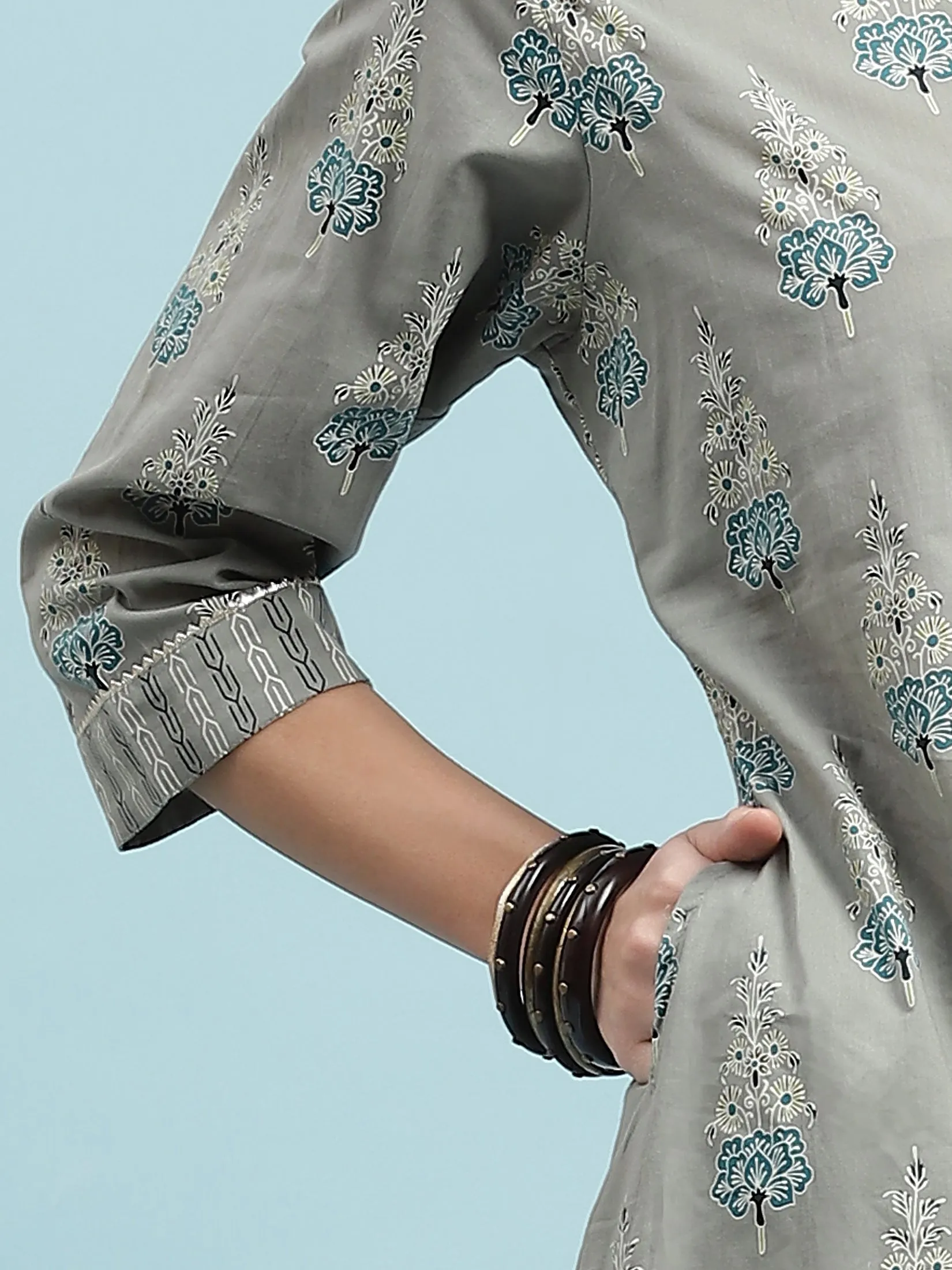 Indiessence Grey Floral Printed Kurta Trouser With Dupatta