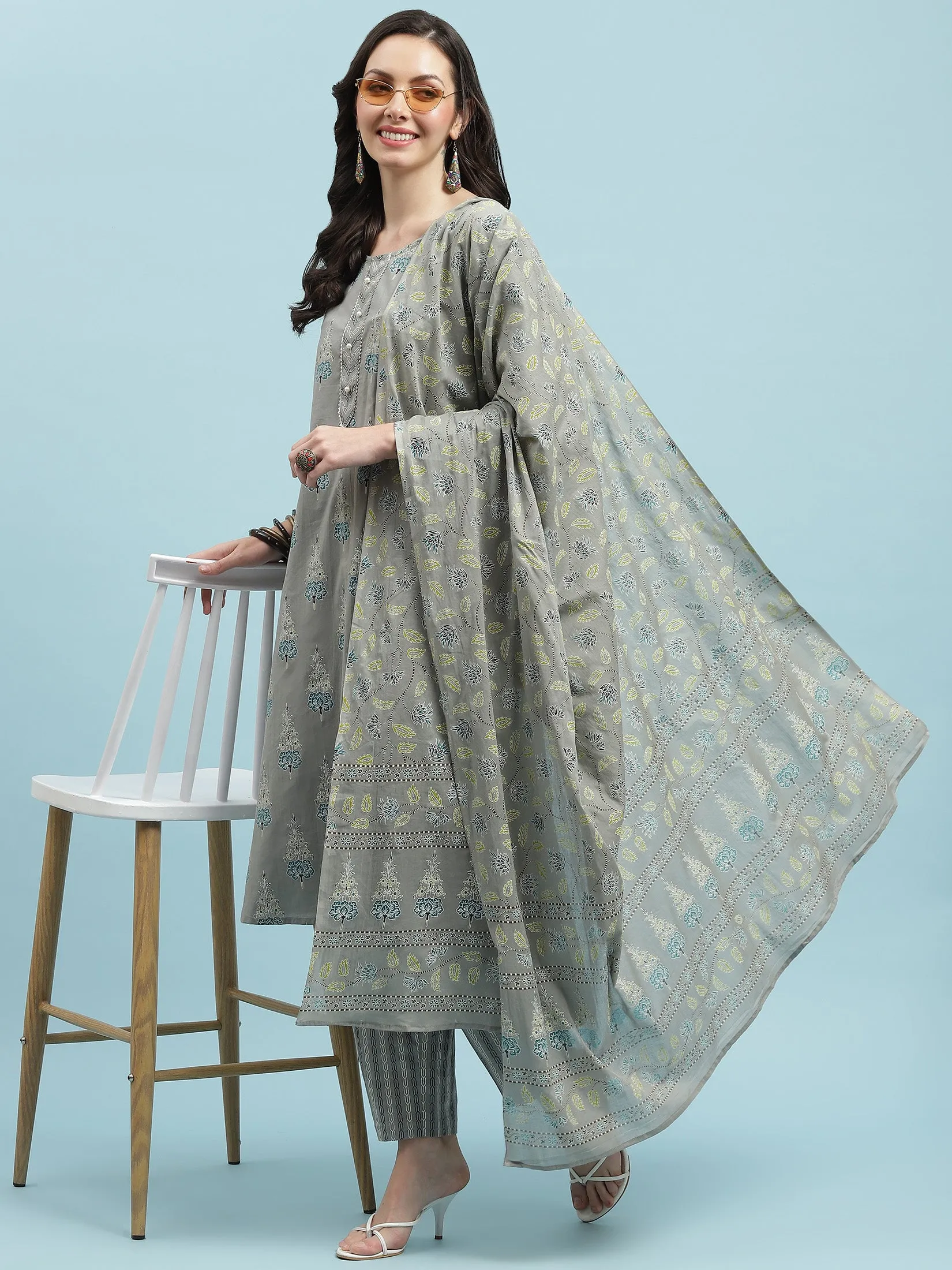 Indiessence Grey Floral Printed Kurta Trouser With Dupatta