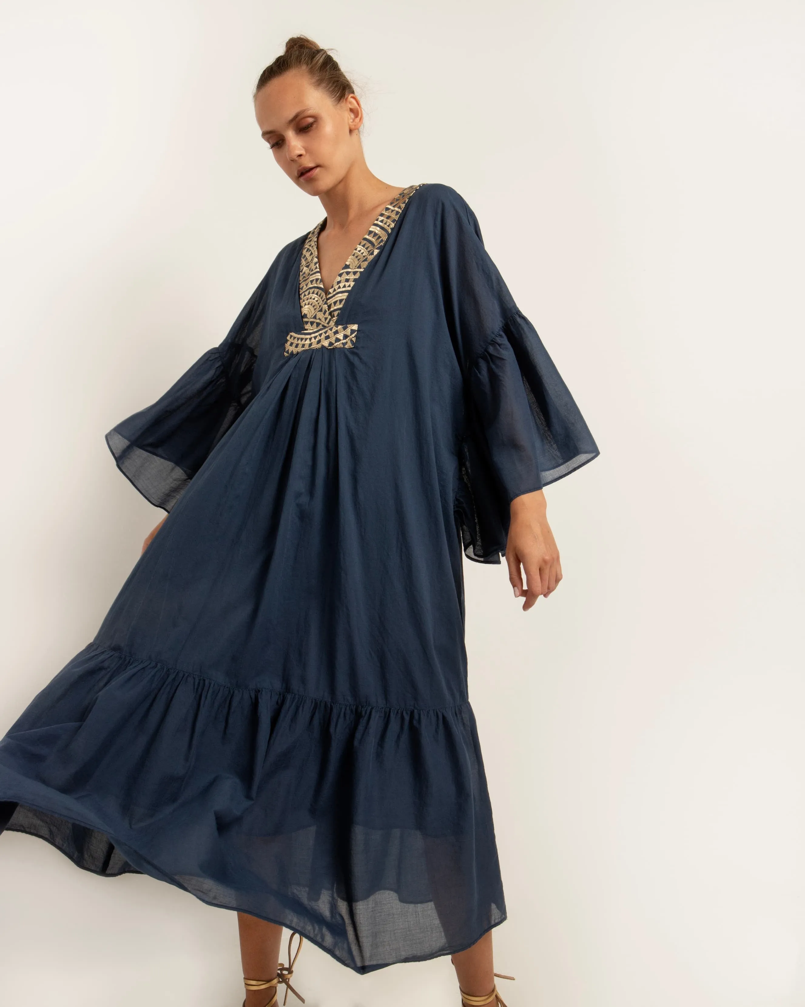 Kori Cotton Voile Maxi Dress | Navy & Gold