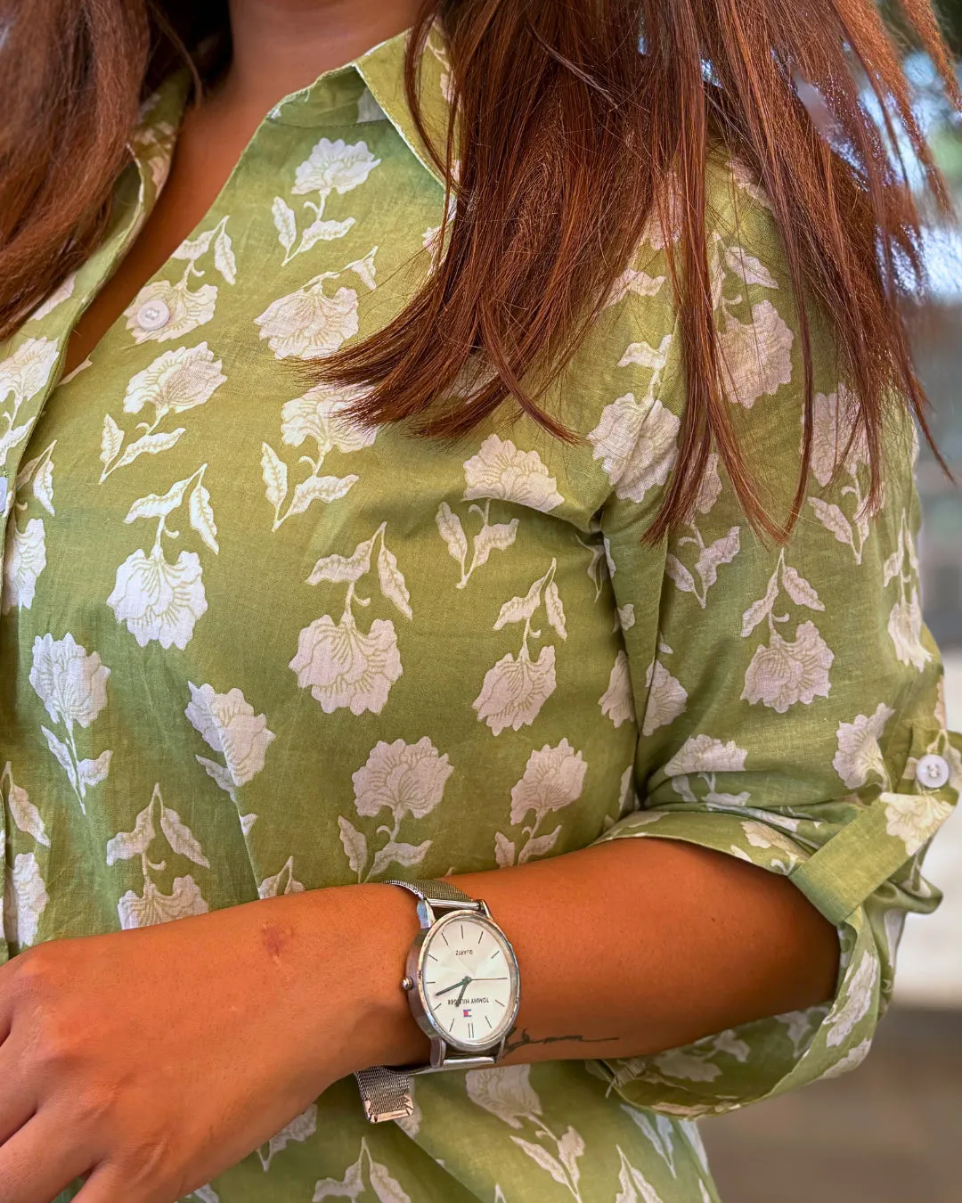 Pear Green Printed Cotton Aline Shirt