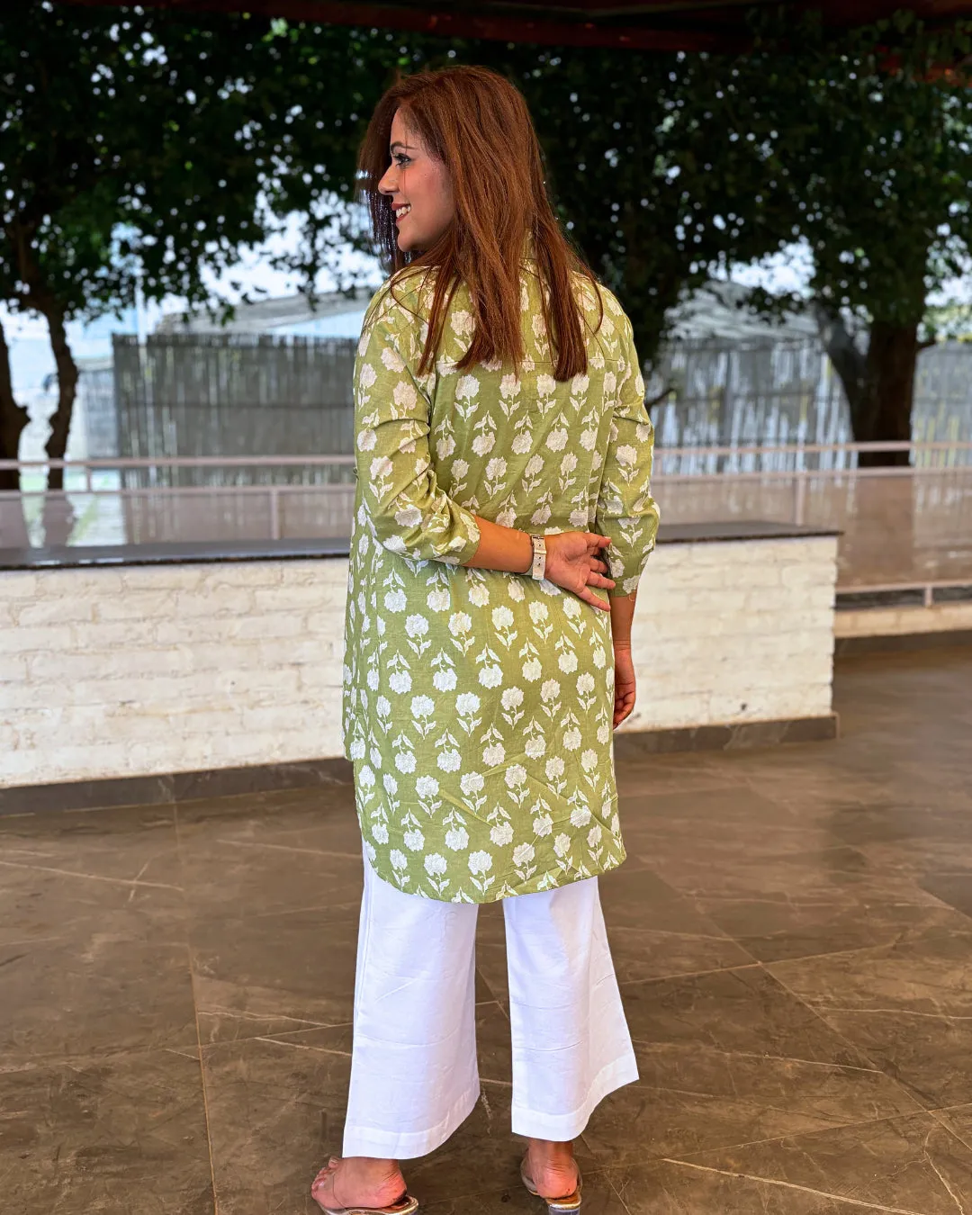 Pear Green Printed Cotton Aline Shirt