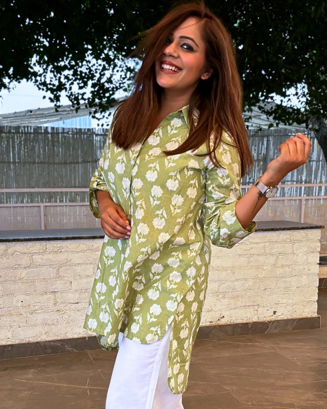 Pear Green Printed Cotton Aline Shirt