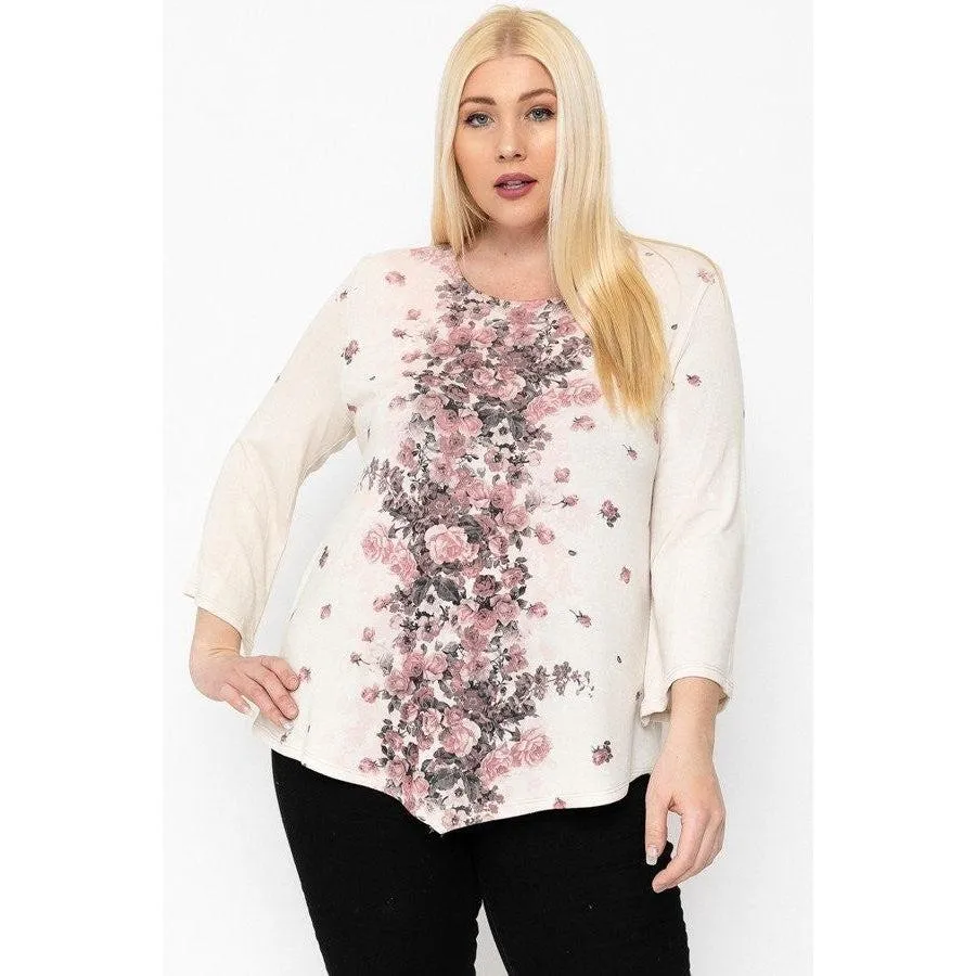 Print Top Featuring A Round Neckline And 3/4 Bell Sleeves