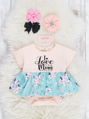 "I Love Mom" Teal Blossoms Peplum Bubble