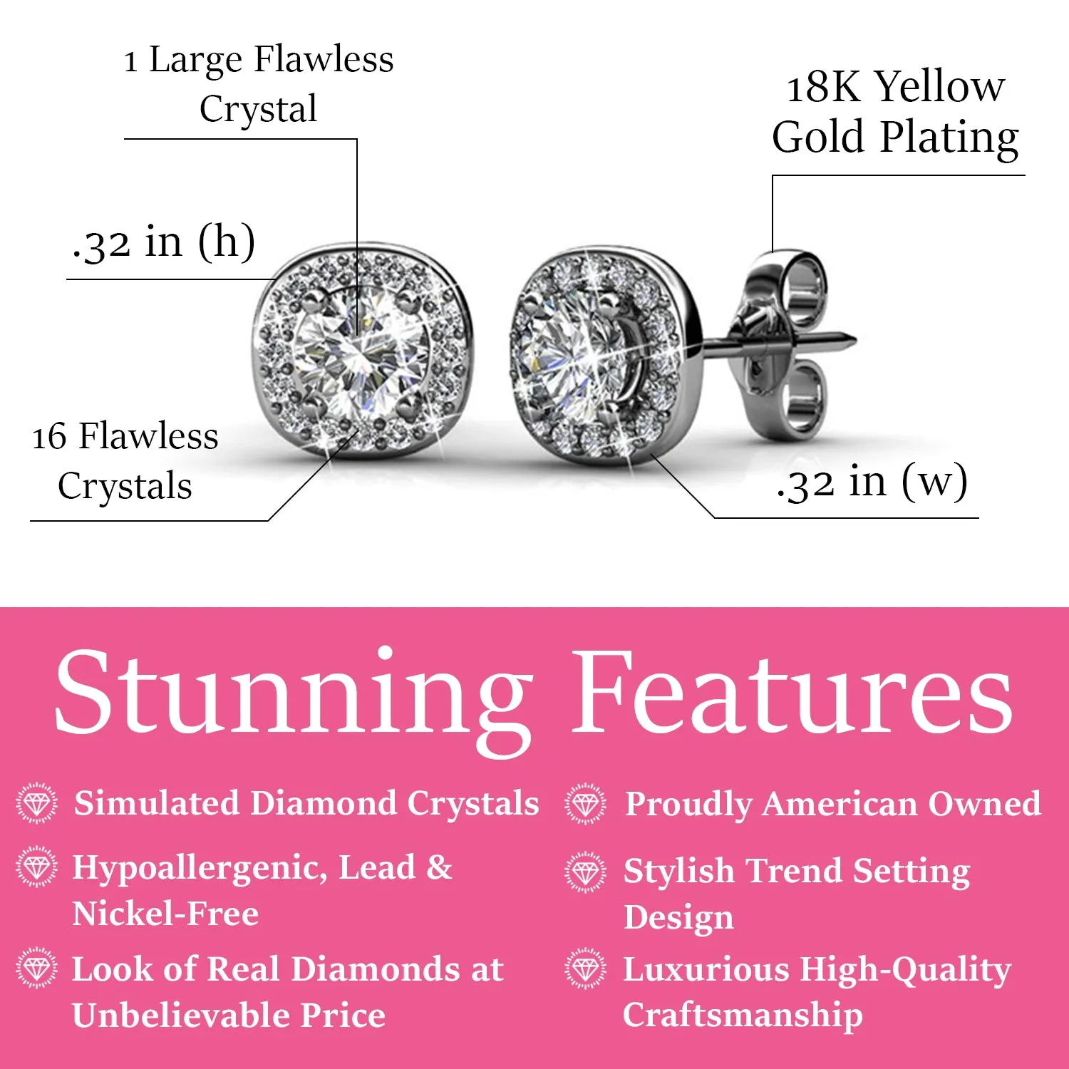 Ruth 18k White Gold Plated Halo Stud Earrings with Crystals