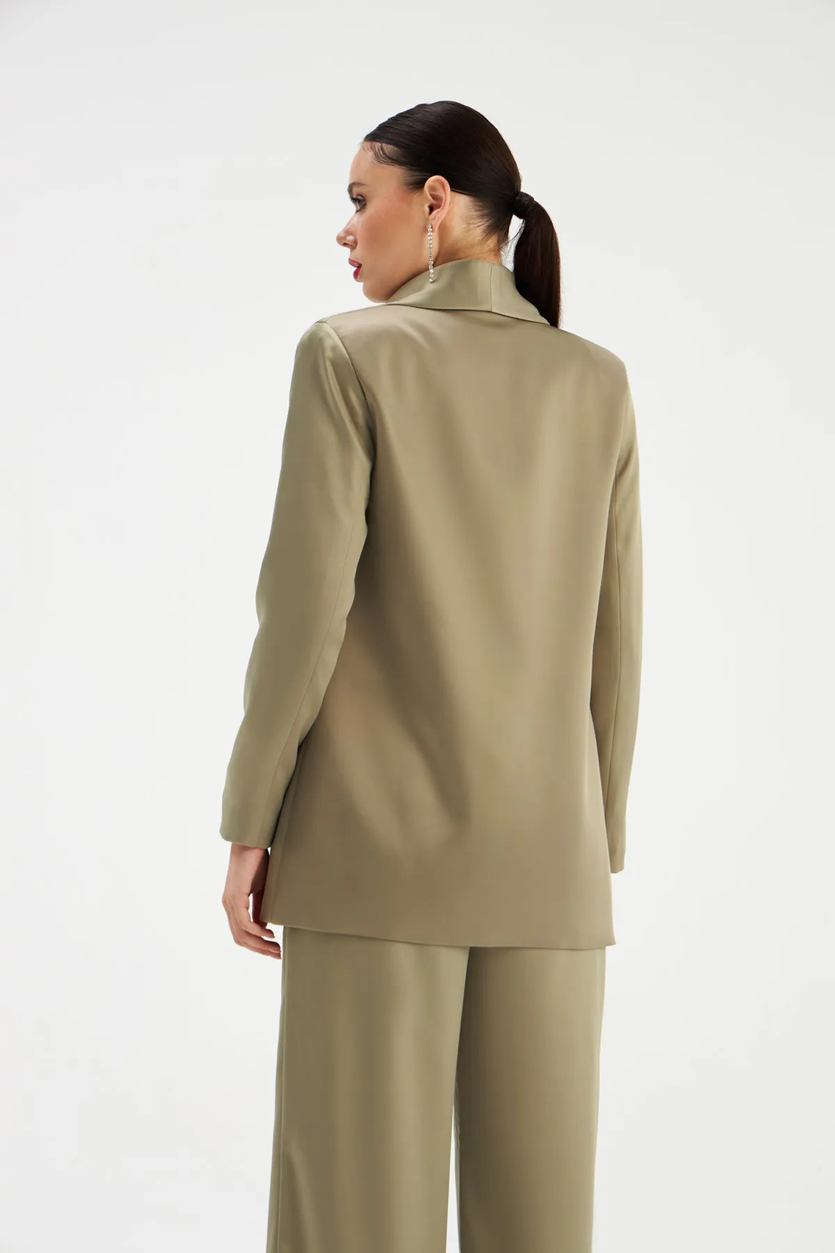 Shawl Collar Satin Jacket - OIL GREEN